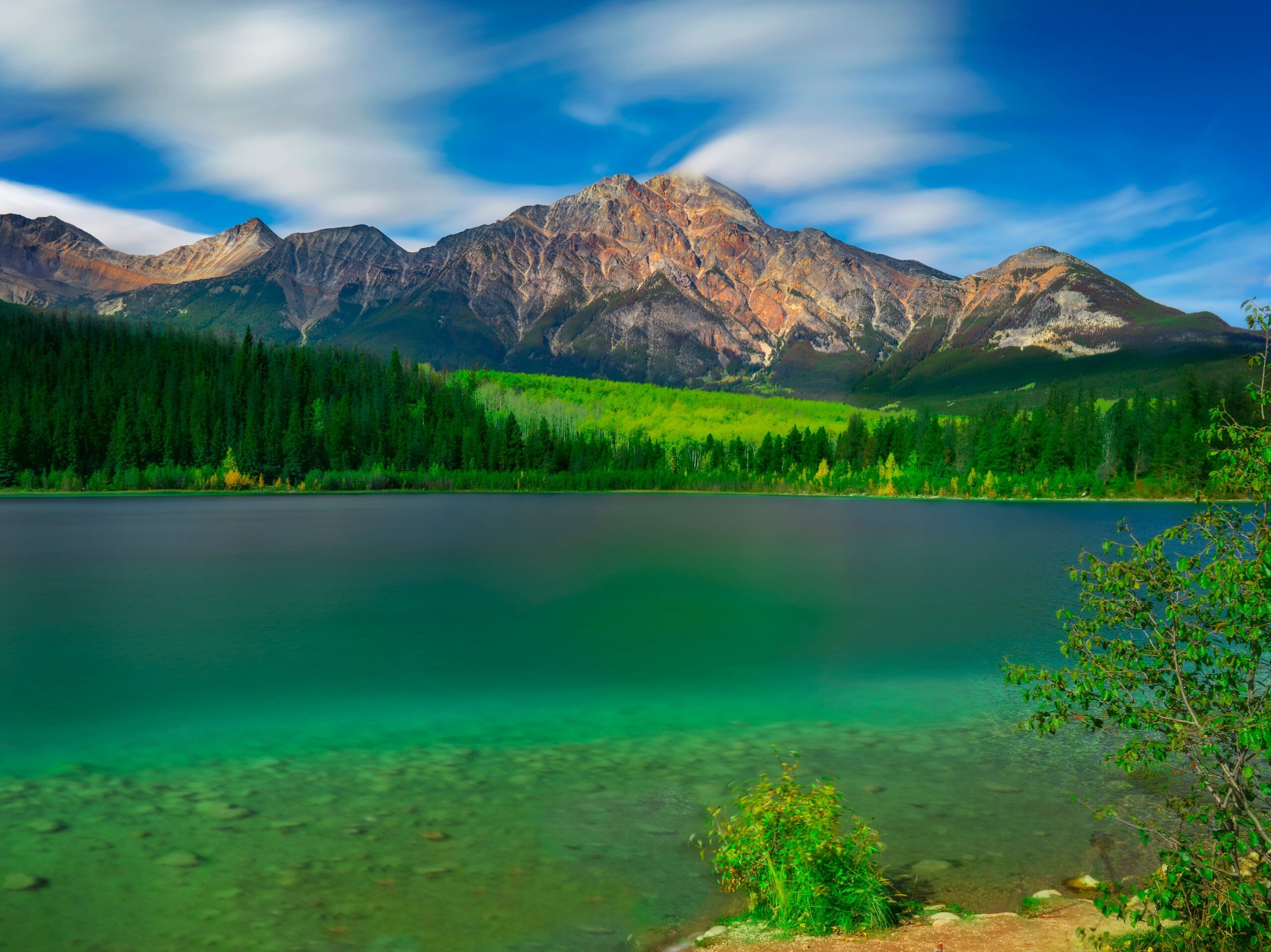 Breathtaking view of Patricia Lake and Pyramid Mountain in Jasper National Park, Canada.